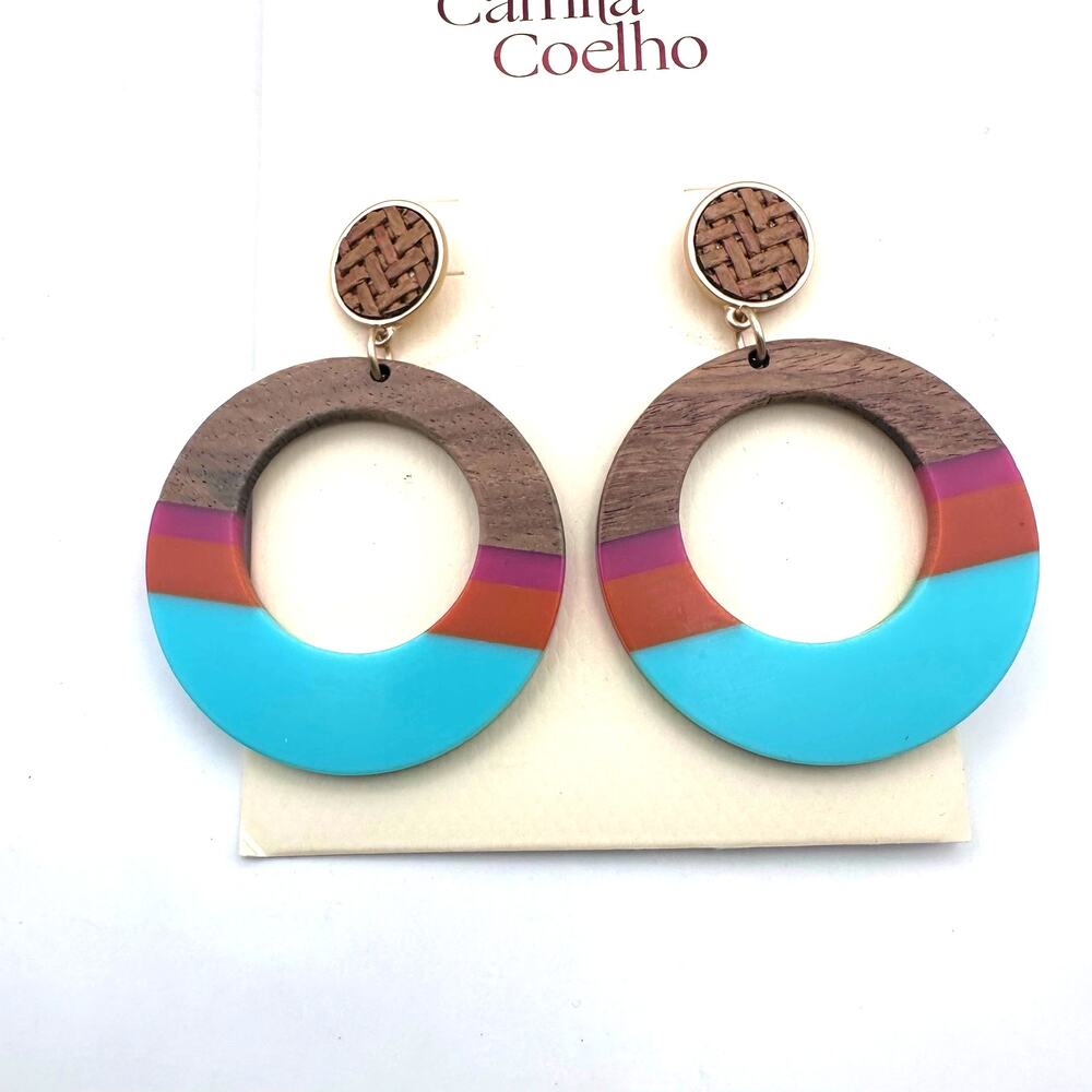 Camila Coelho Oversized Round Earring NWT Brown Blue Pink Orange Stripe Boho